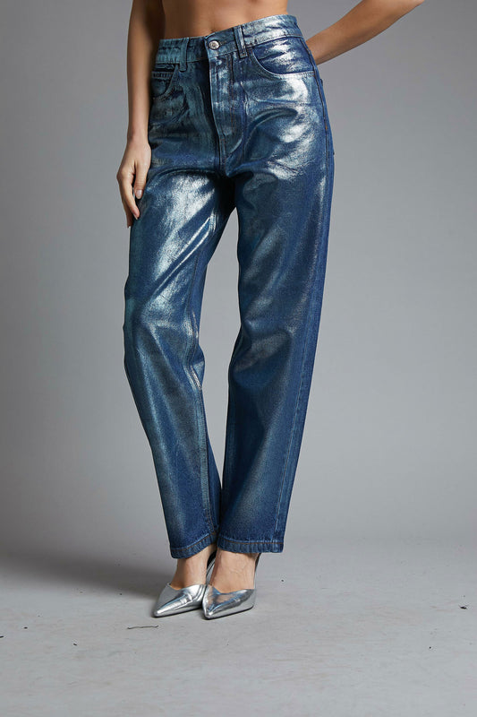 Silver Metallic Denim Pants